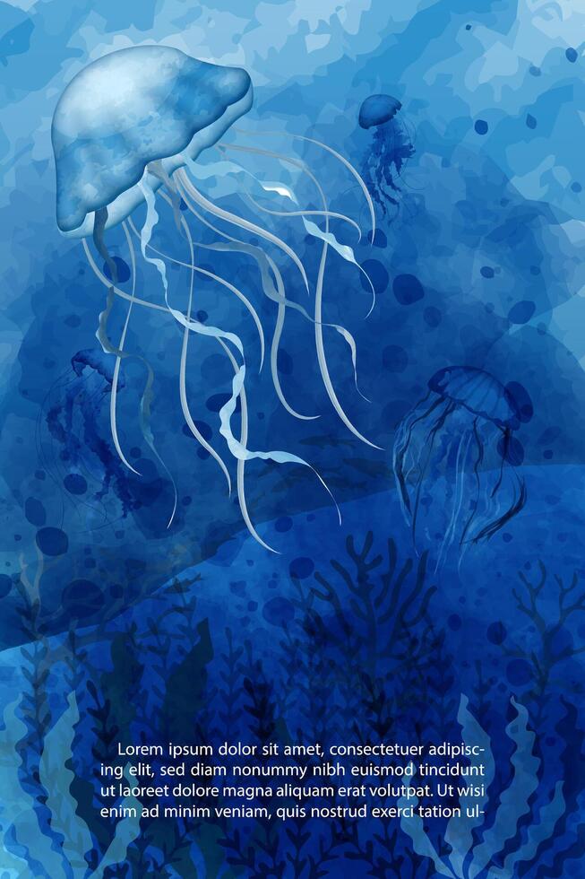 Jelly fish with the scene of under ocean coral reef area in watercolor style on blue paper pattern background. Card and poster of ocean in blue monotone watercolor style and vector design.