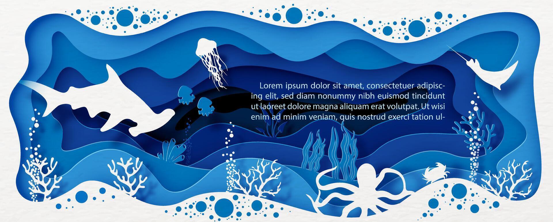 tarjeta y póster escena de debajo el mar y Oceano en capas papel cortar estilo y vector diseño con tiburón y mar animales, ejemplo textos en azul antecedentes.