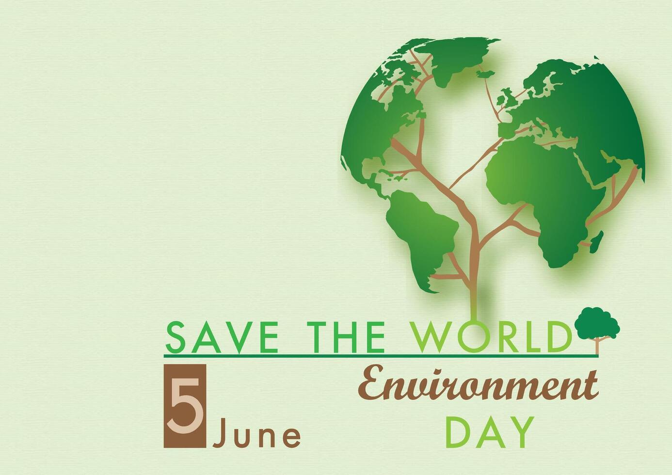 Green world map and tree branch looks like a big tree grow up on slogan and the name of World Environment Day with the day of event's letter isolate on light green background. All in vector design.