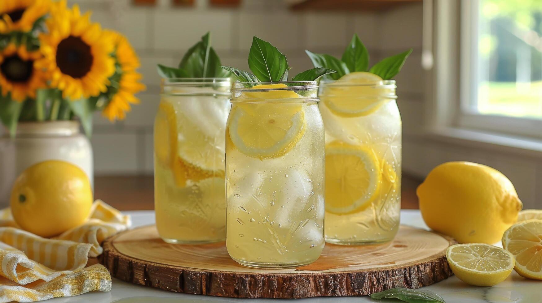 AI generated Three Mason Jars Filled With Lemonade on Table photo