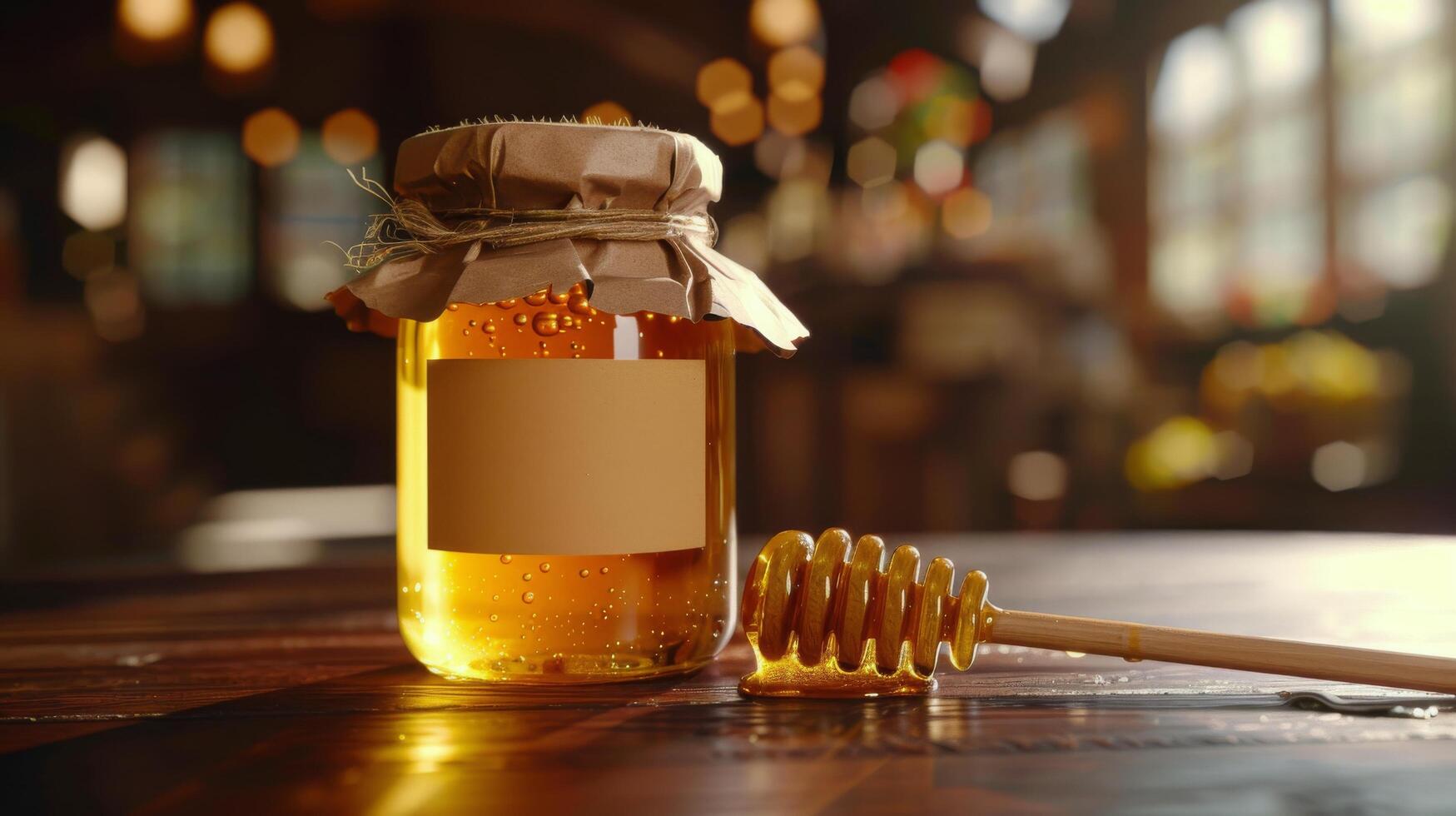 AI generated Jar of Honey on Wooden Table photo