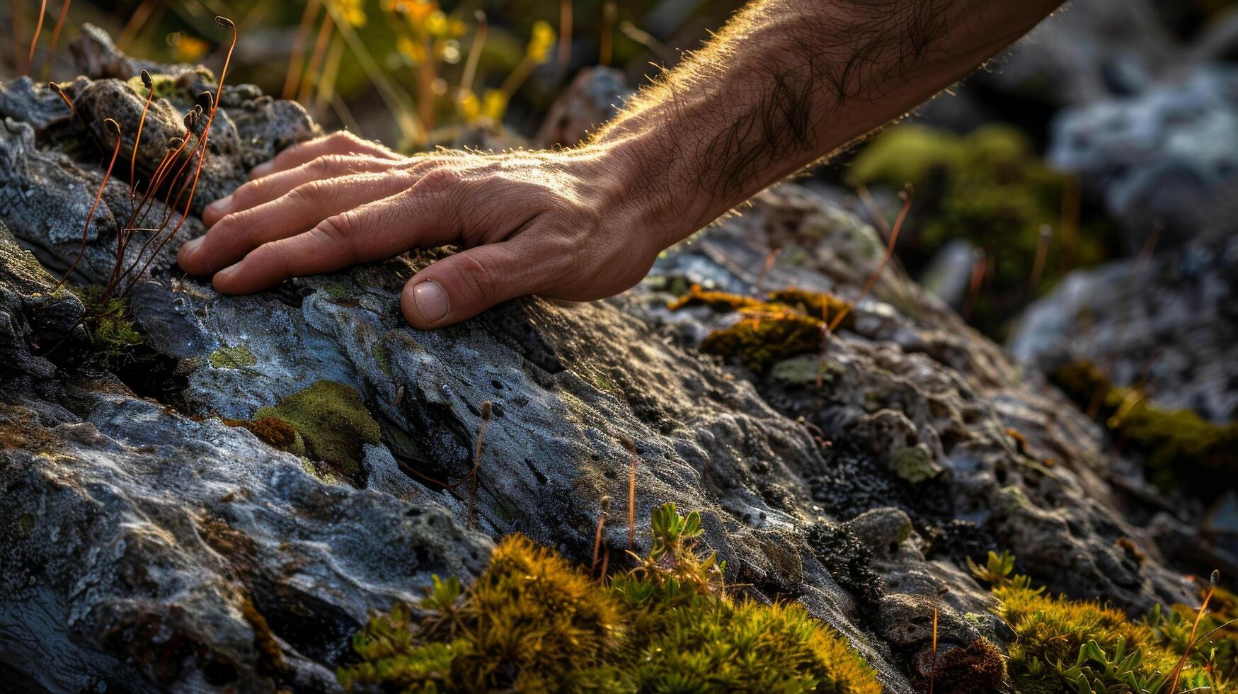 AI generated Hand Resting on Moss Covered Tree photo