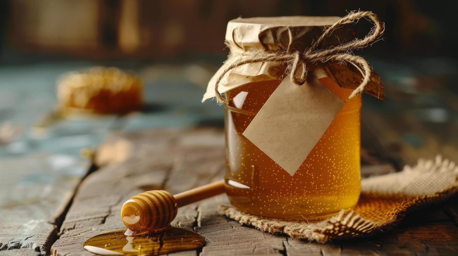 ai generado tarro de miel con de madera cuchara foto