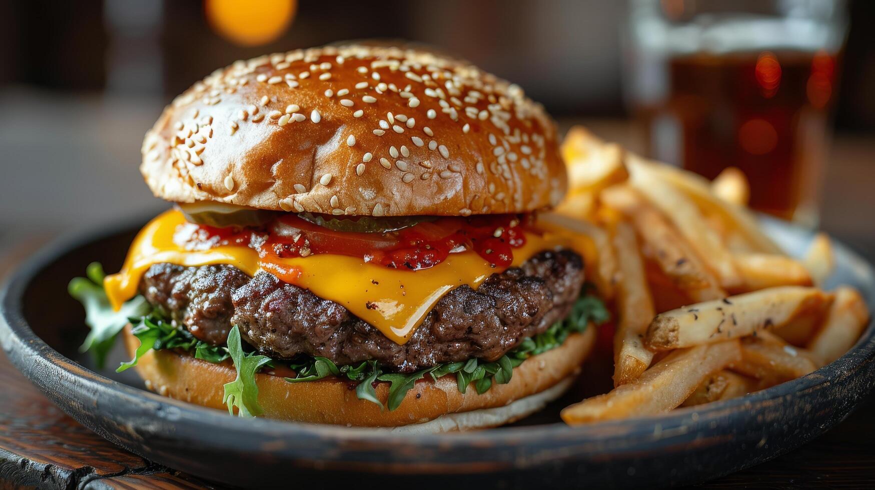 ai generado hamburguesa con queso y papas fritas en plato foto