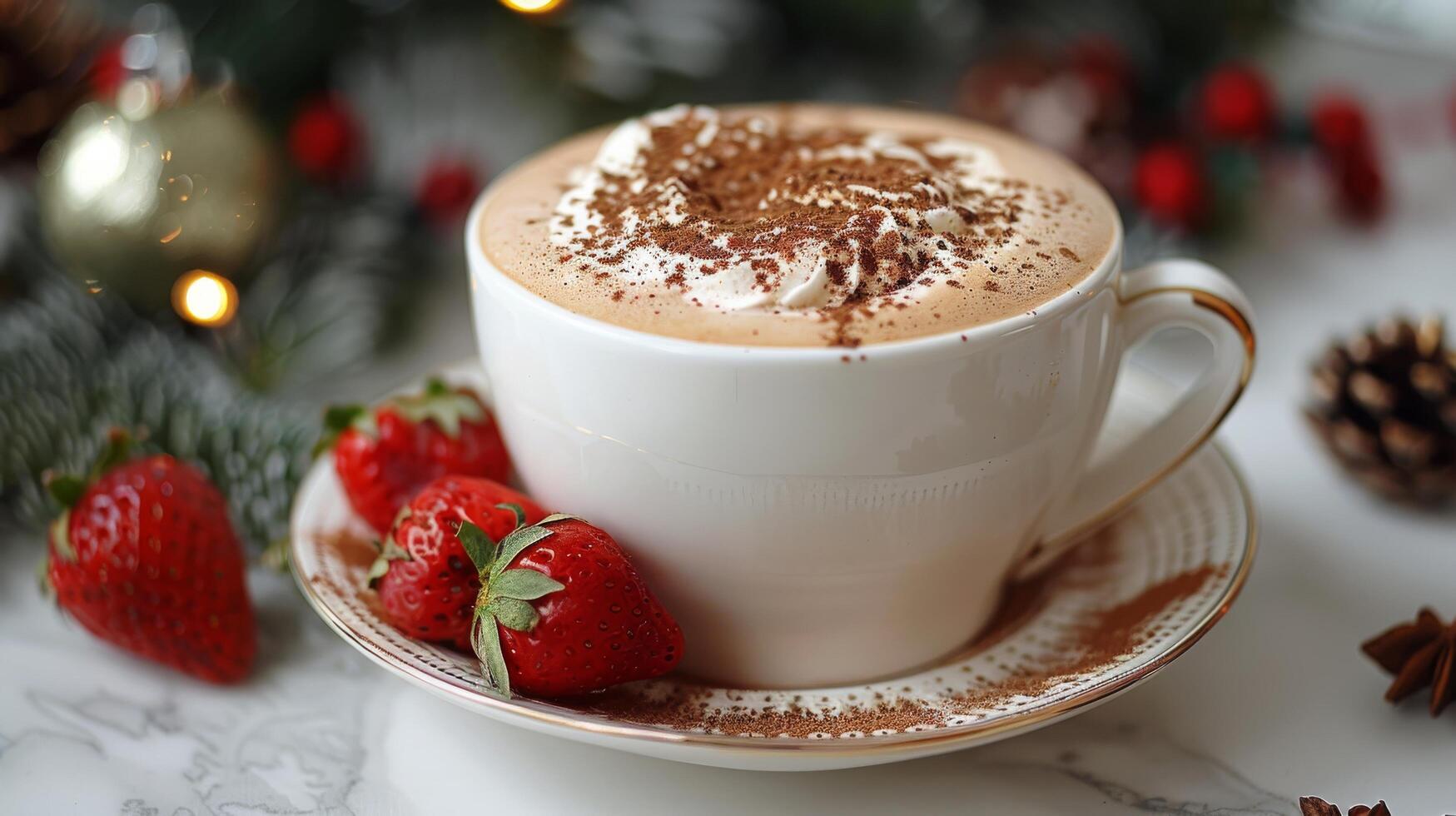 ai generado caliente chocolate con azotado crema y fresas foto