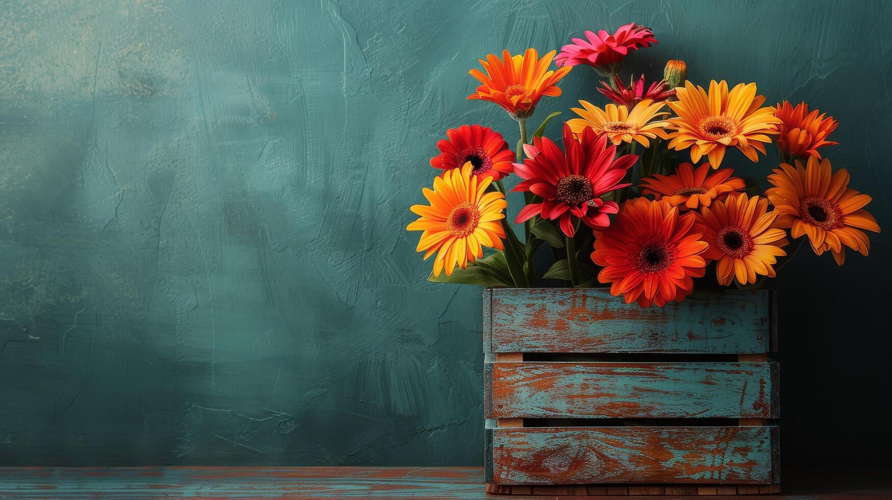 AI generated Colorful Flowers in Wooden Box photo