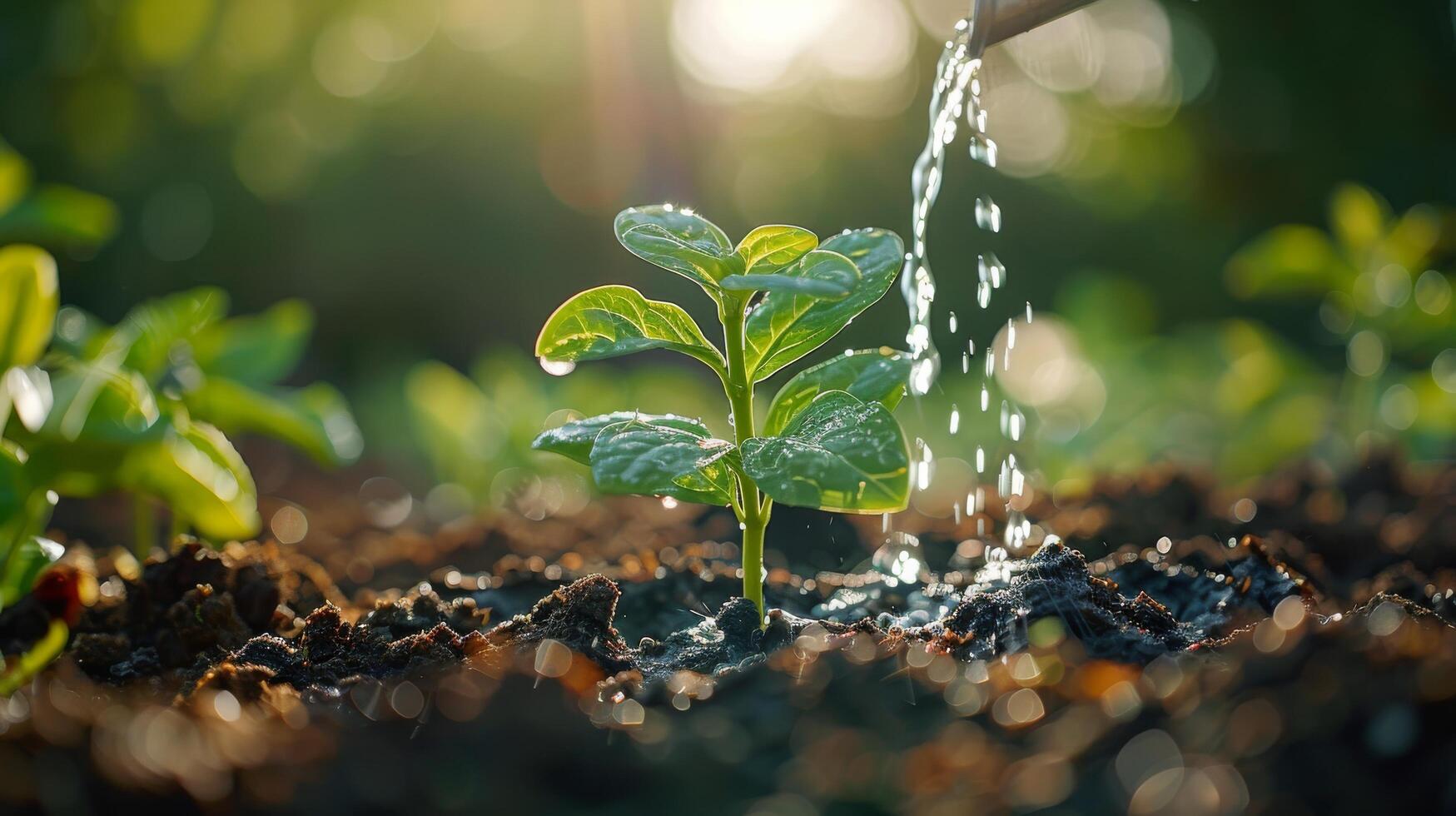 ai generado riego manguera aspersión agua en un planta foto