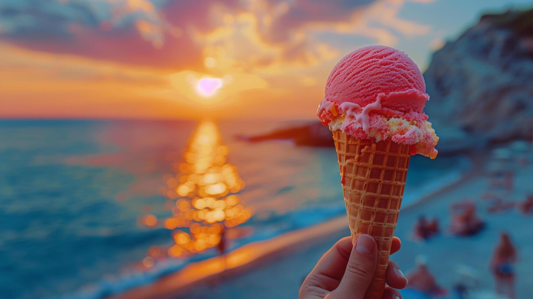 AI generated Person Holding Ice Cream Cone at Ocean photo