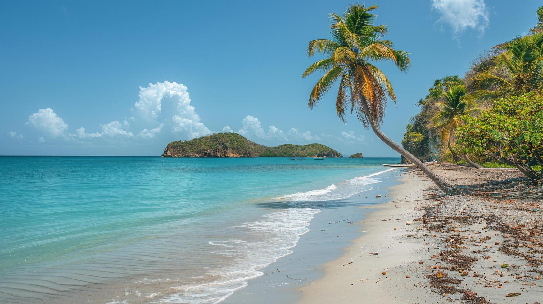 AI generated Tropical Beach With Palm Trees and Clear Blue Water photo