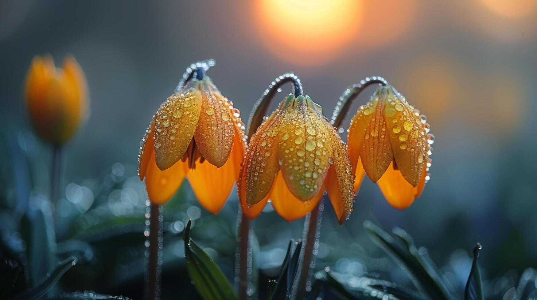 AI generated Group of Yellow Flowers With Water Drops photo
