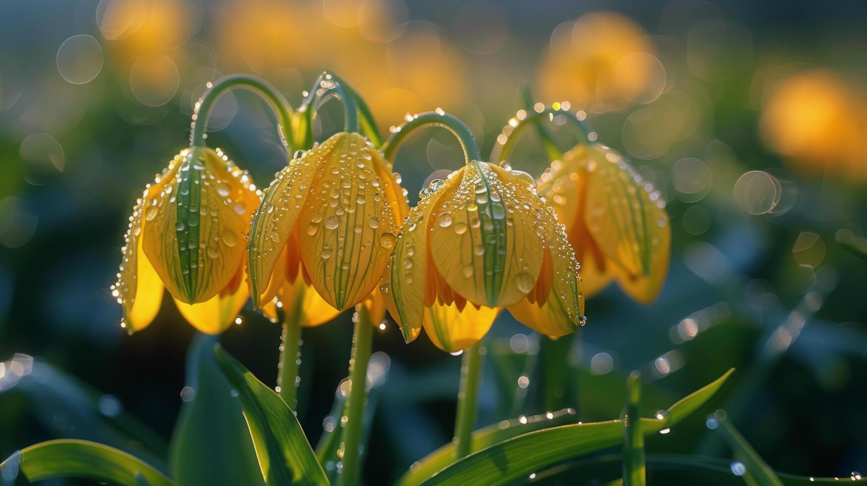 AI generated Group of Yellow Flowers With Water Drops photo