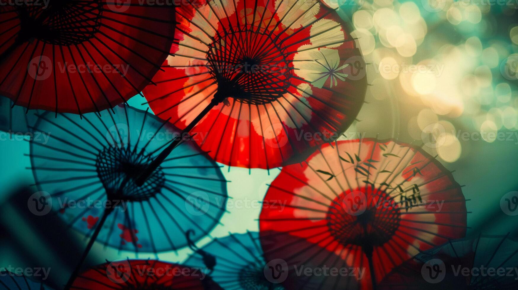 AI generated Silhouetted Canopy of Japanese Umbrellas photo