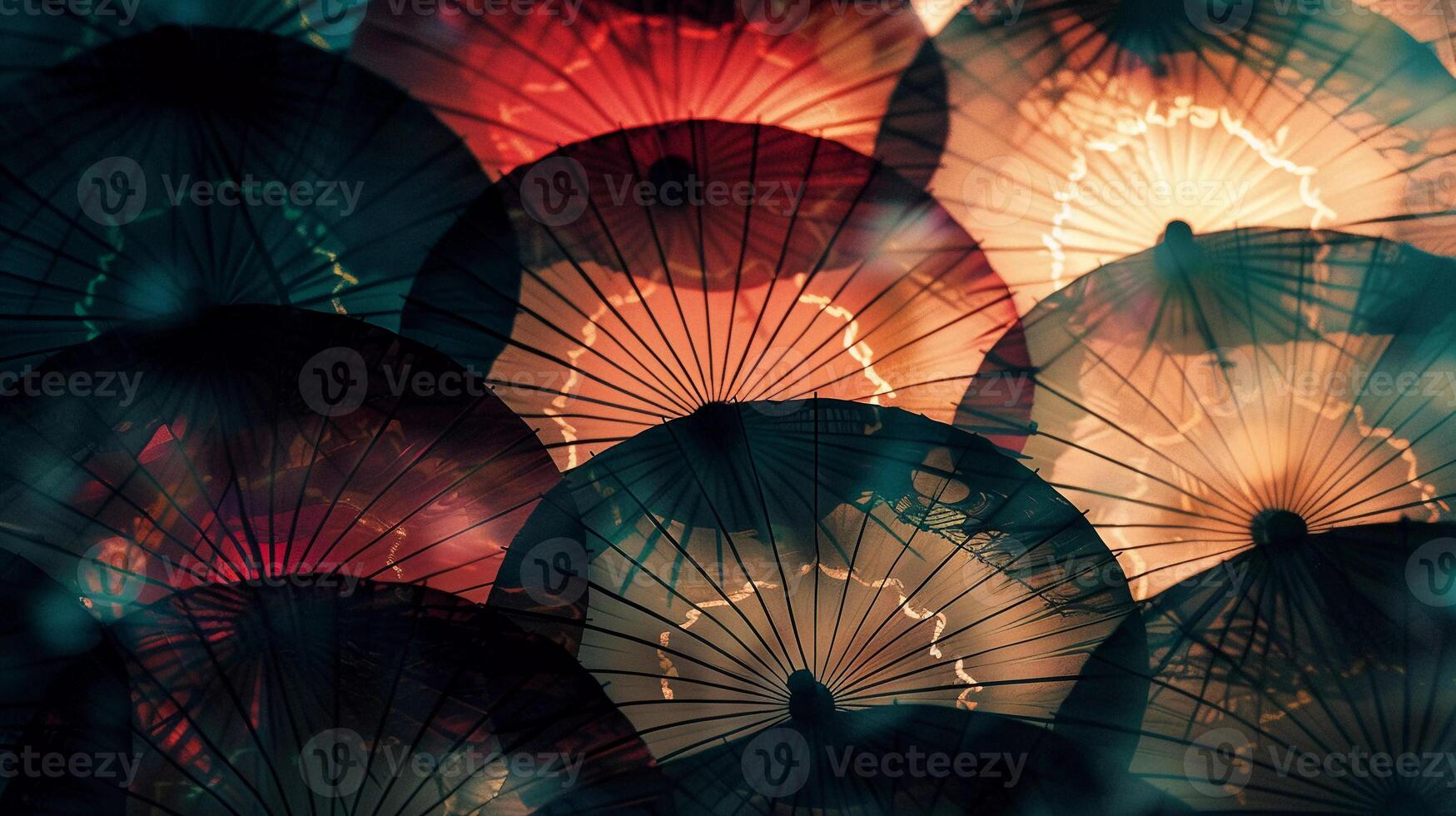 AI generated Silhouetted Canopy of Japanese Umbrellas photo