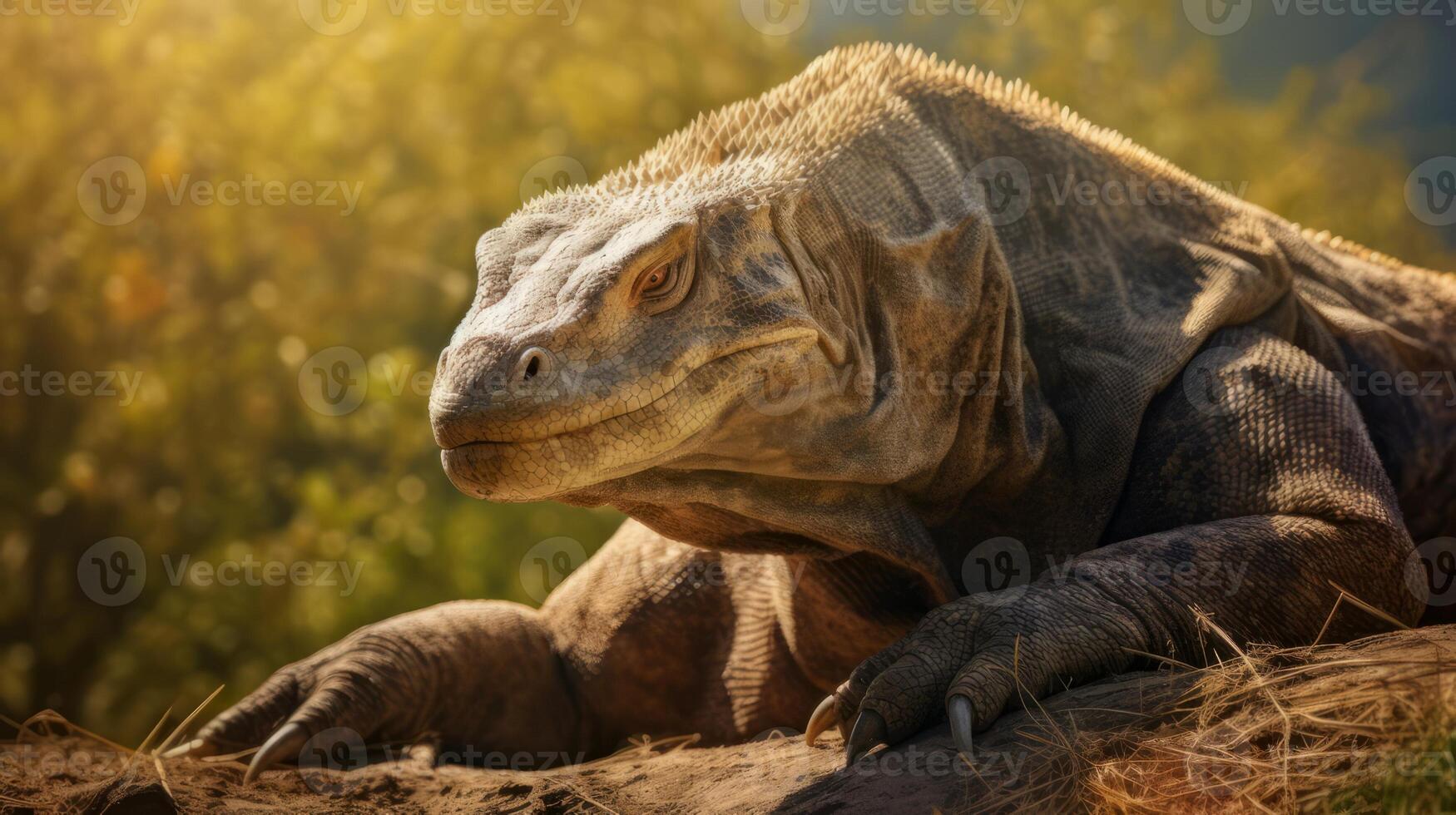 AI generated A large lizard laying on top of a dirt field. Generative AI photo
