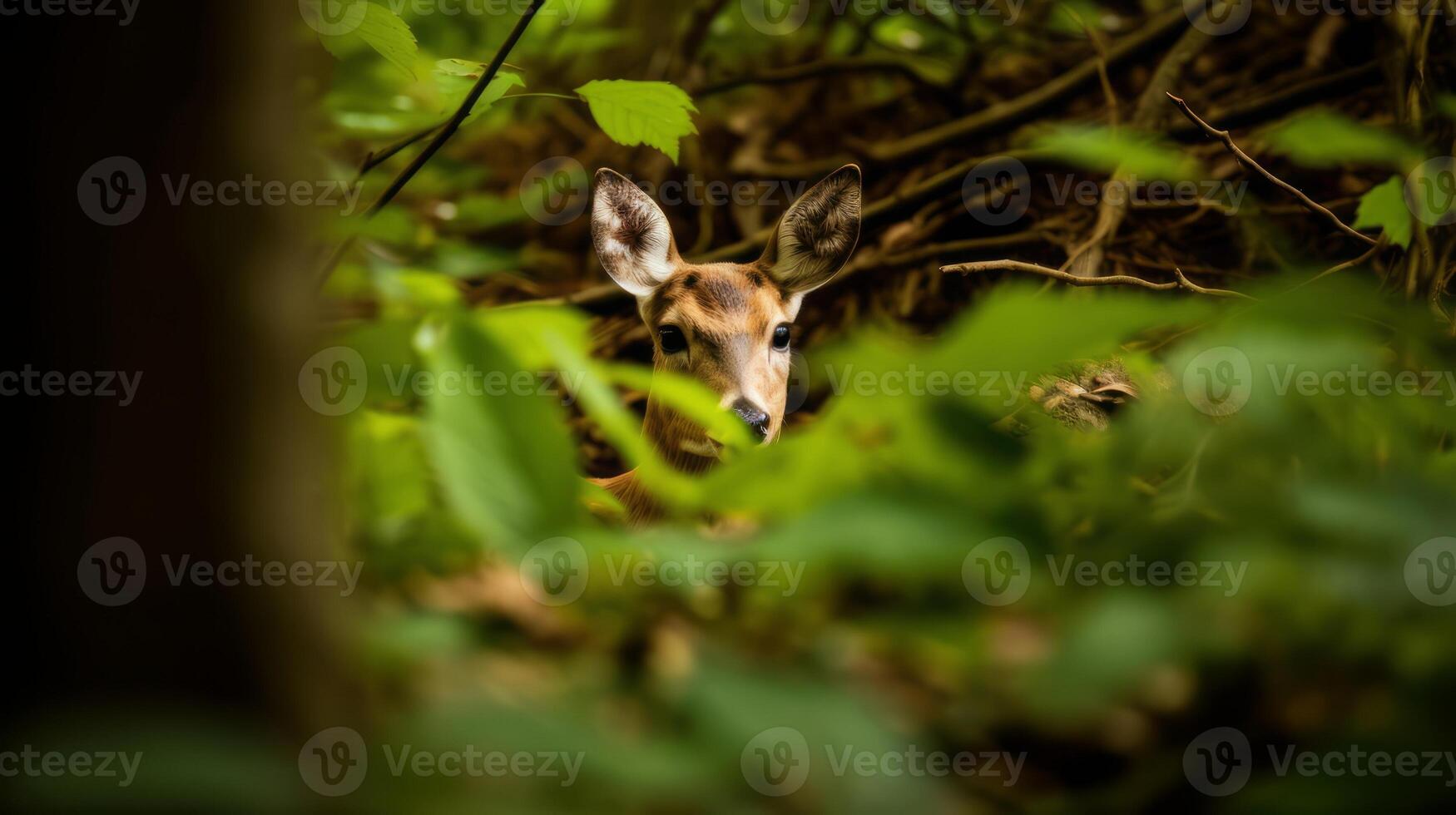 AI generated A small deer is peeking out from the woods. Generative AI photo