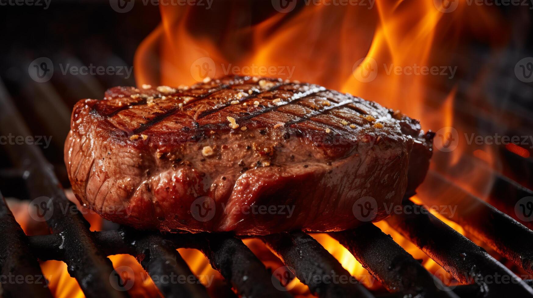 AI generated A close-up shot of a sizzling steak on a grill. Generative AI photo