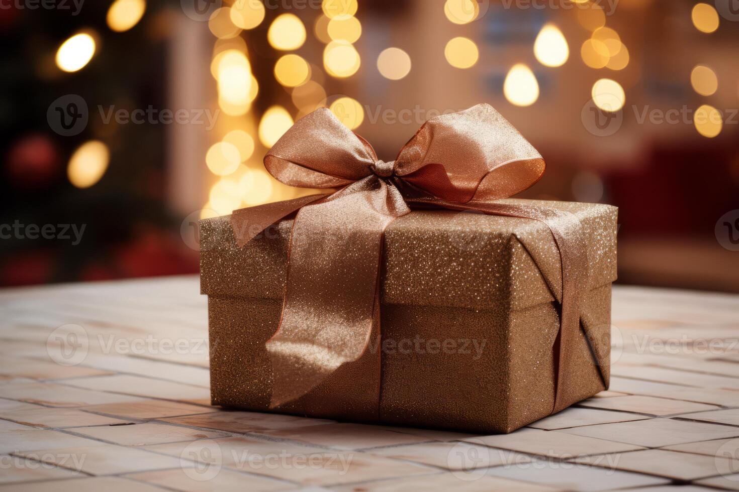 AI generated A Christmas present with a plush bow and tag. Generative AI photo