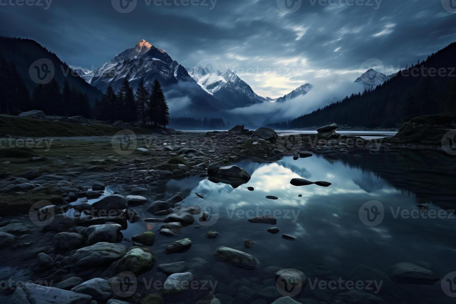 AI generated The serene stillness of a mountain lake at twilight. Generative AI photo