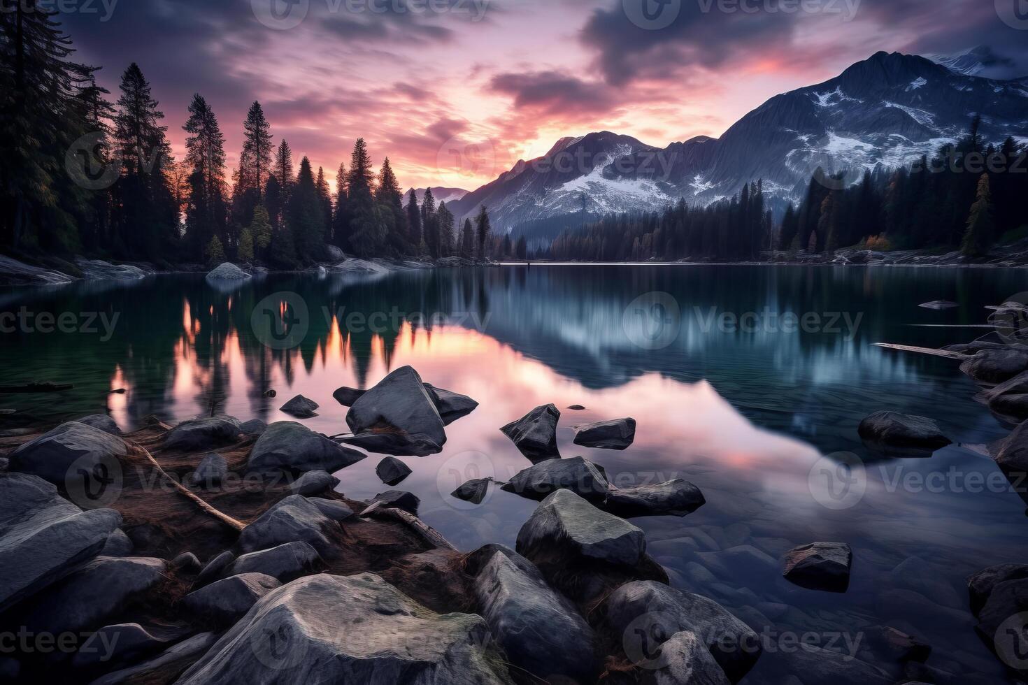 AI generated The serene stillness of a mountain lake at dusk. Generative AI photo