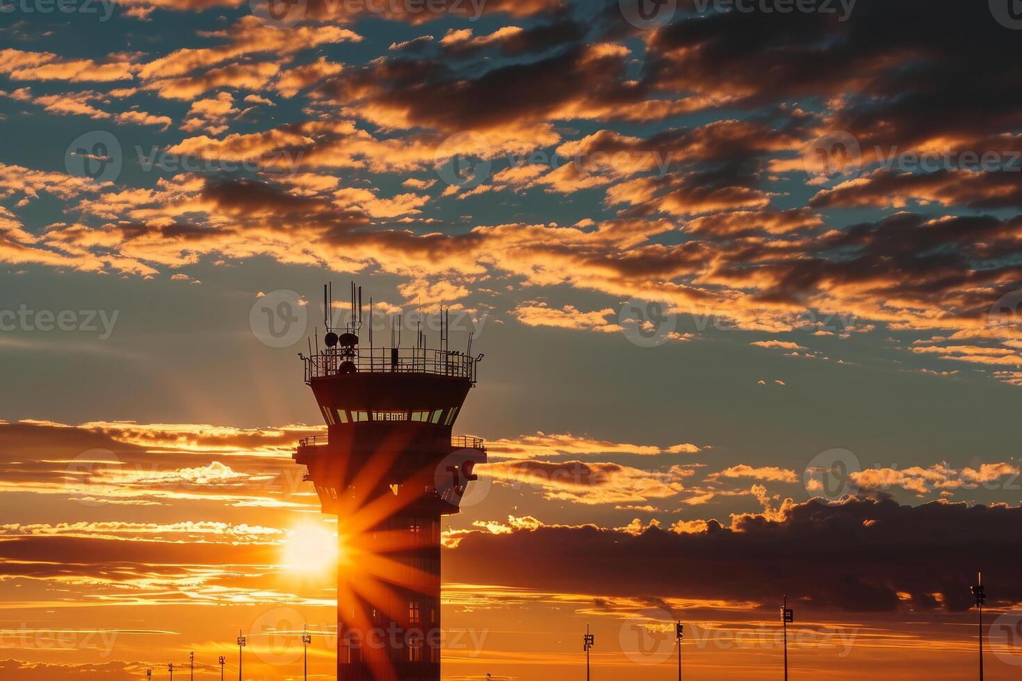 AI generated Tranquil Airport control tower sunset. Generate Ai photo