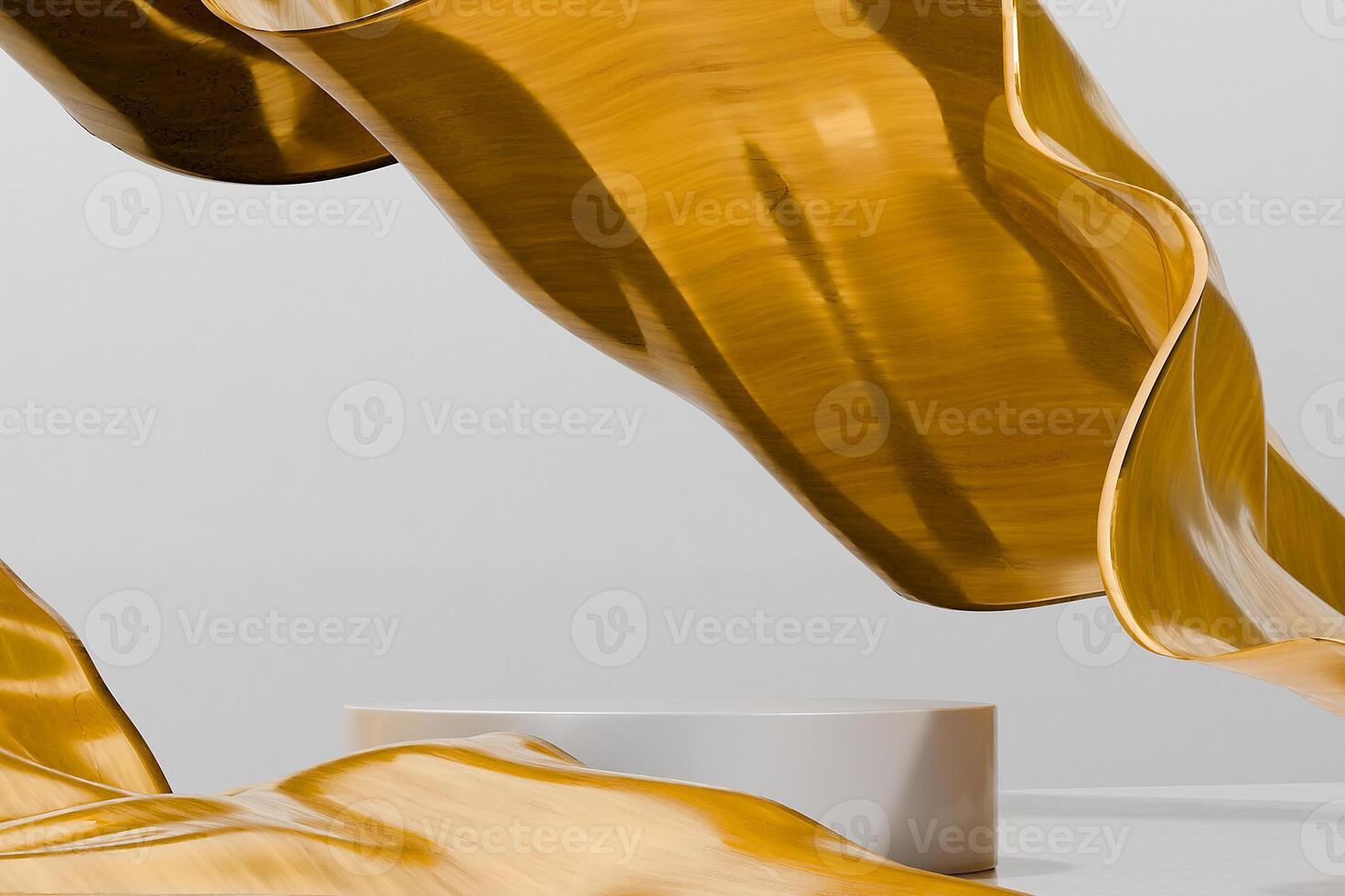 White podium scene with golden fabric folds photo