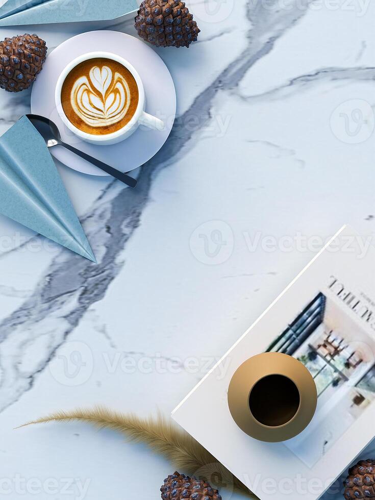 Flat lay background for product placement with paper planes, coffee, book and pinecones photo