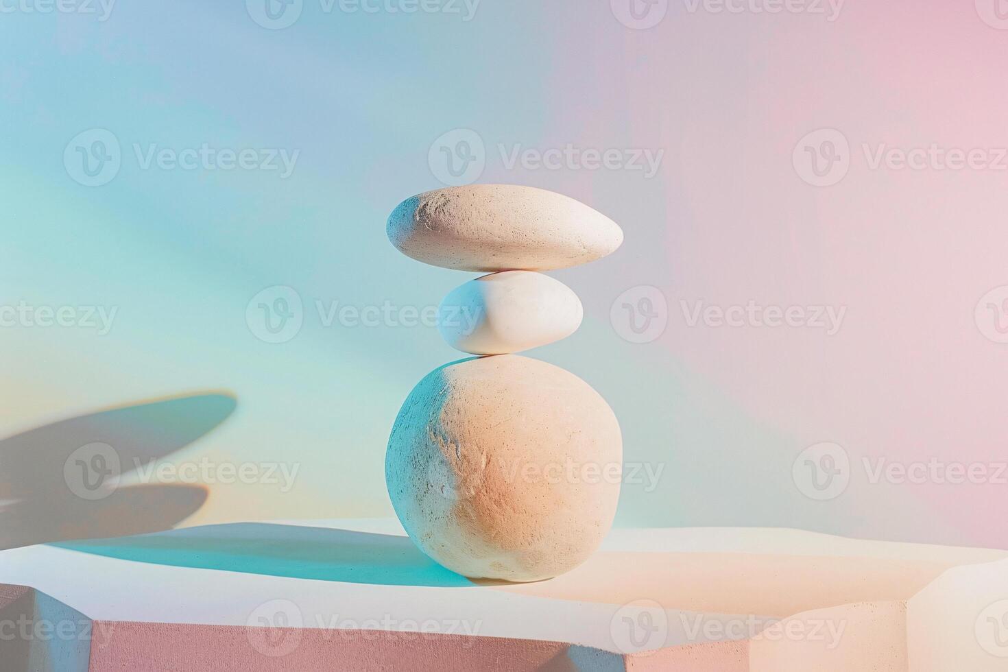 AI generated A stack of rocks precariously balanced on top of a wall, with each rock showcasing unique shapes and sizes. photo