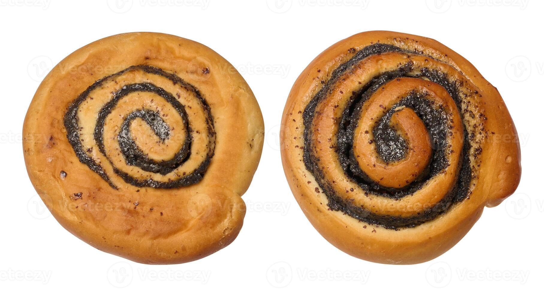 Round baked bun with poppy seeds on isolated background photo