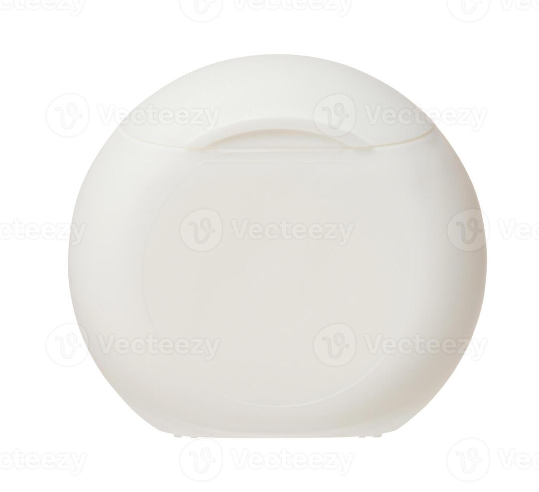 Round white plastic container with dental floss on isolated background photo