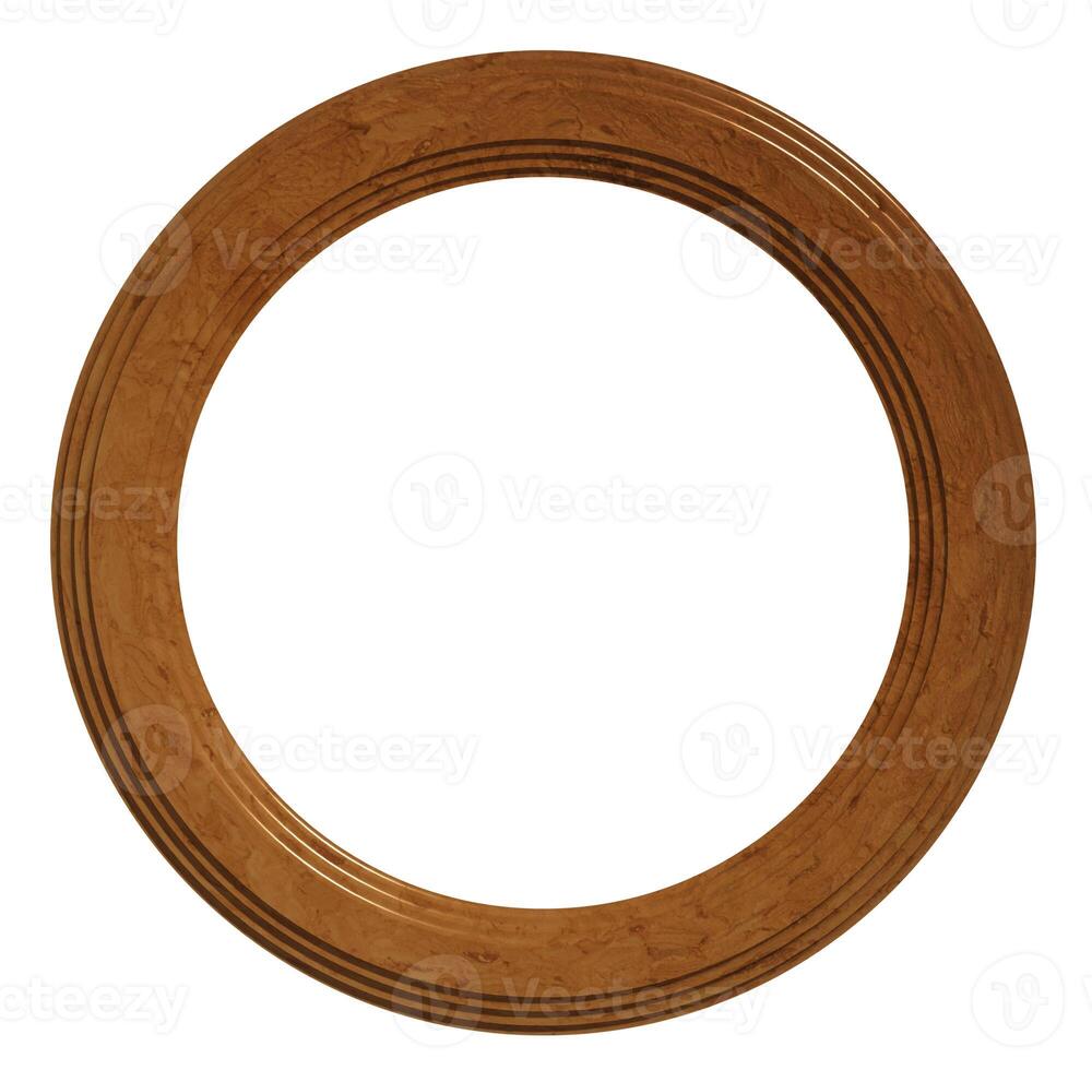 Empty wall round frame made of varnished wood on isolated background photo