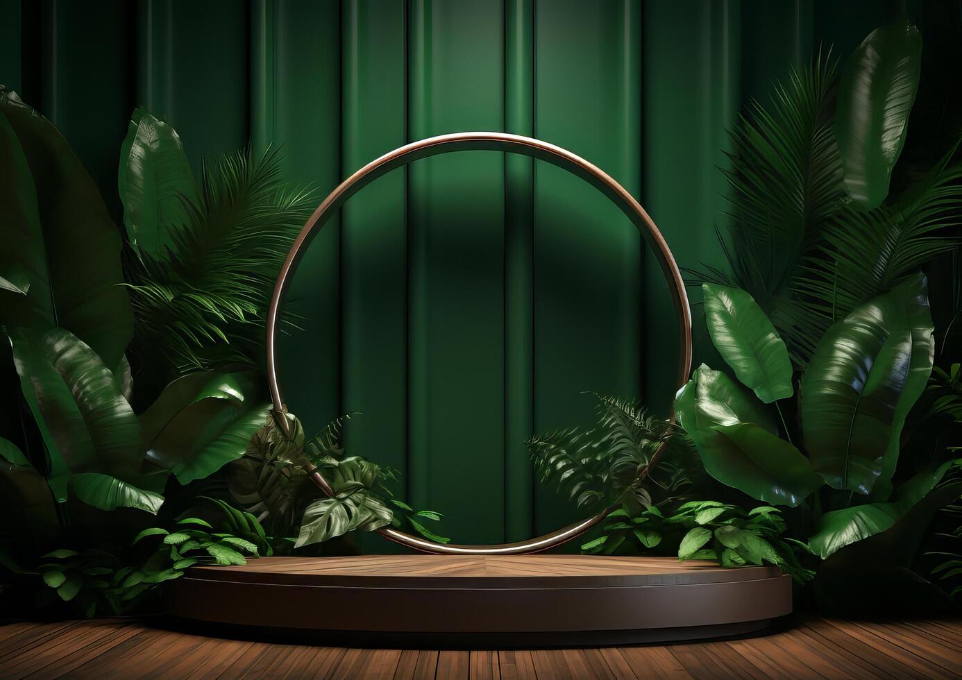 AI generated Cosmetics product advertising stand. Exhibition wooden podium on green background with leaves and shadows. Empty pedestal to display product packaging  photo-realistic photo