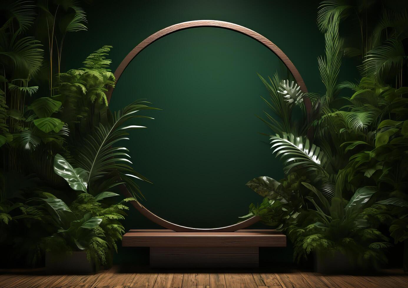 AI generated Cosmetics product advertising stand. Exhibition wooden podium on green background with leaves and shadows. Empty pedestal to display product packaging photo-realistic, realistic photo
