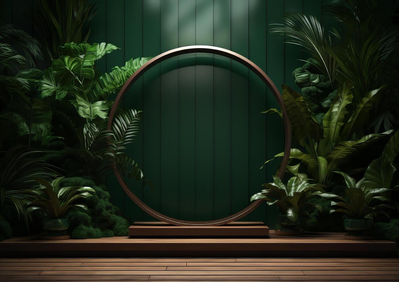 AI generated Cosmetics product advertising stand. Exhibition wooden podium on green background with leaves and shadows. Empty pedestal to display product packaging photo-realistic, realistic photo