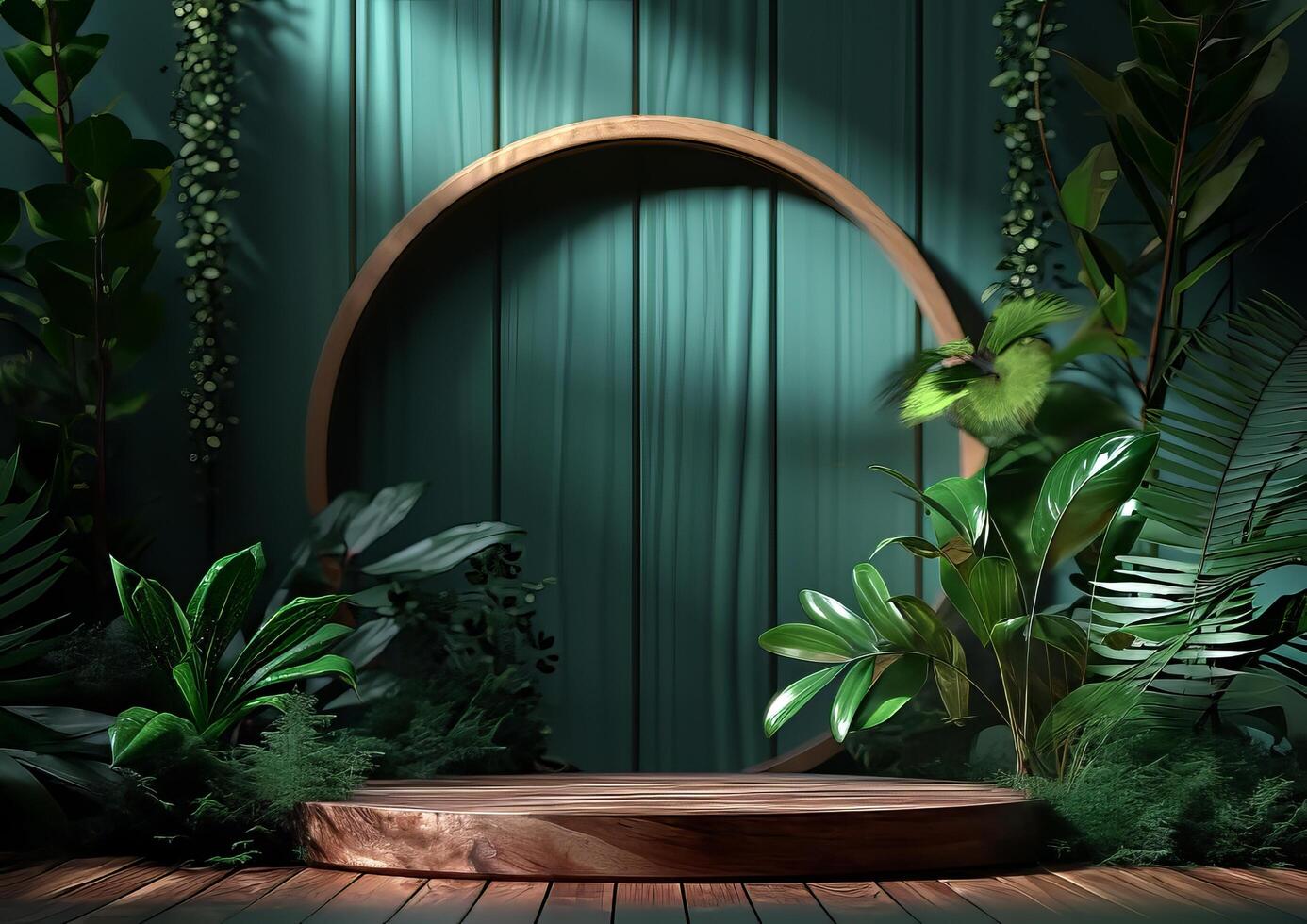 AI generated Cosmetics product advertising stand. Exhibition wooden podium on green background with leaves and shadows. Empty pedestal to display product packaging  photo-realistic photo
