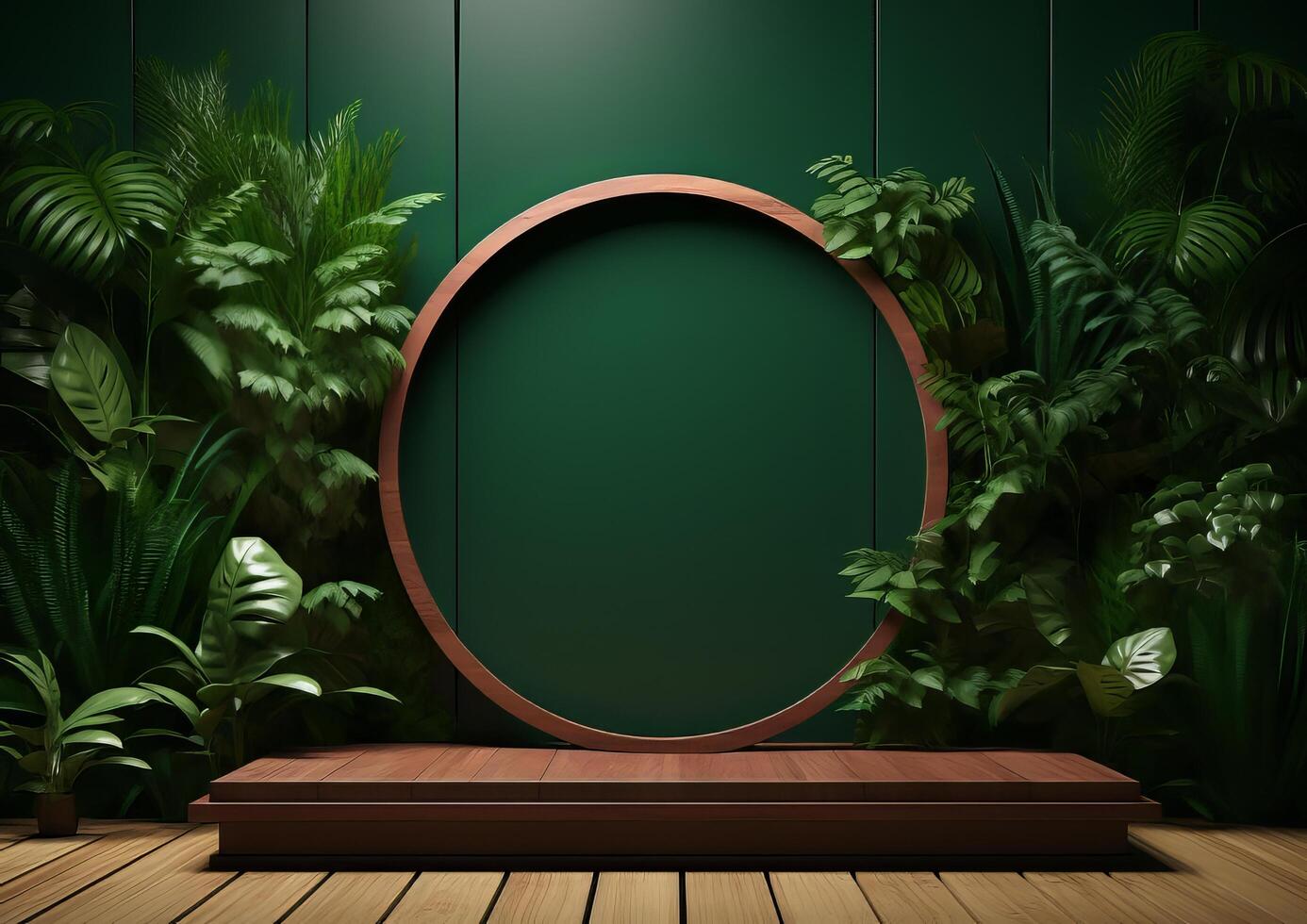 AI generated Cosmetics product advertising stand. Exhibition wooden podium on green background with leaves and shadows. Empty pedestal to display product packaging  photo-realistic photo