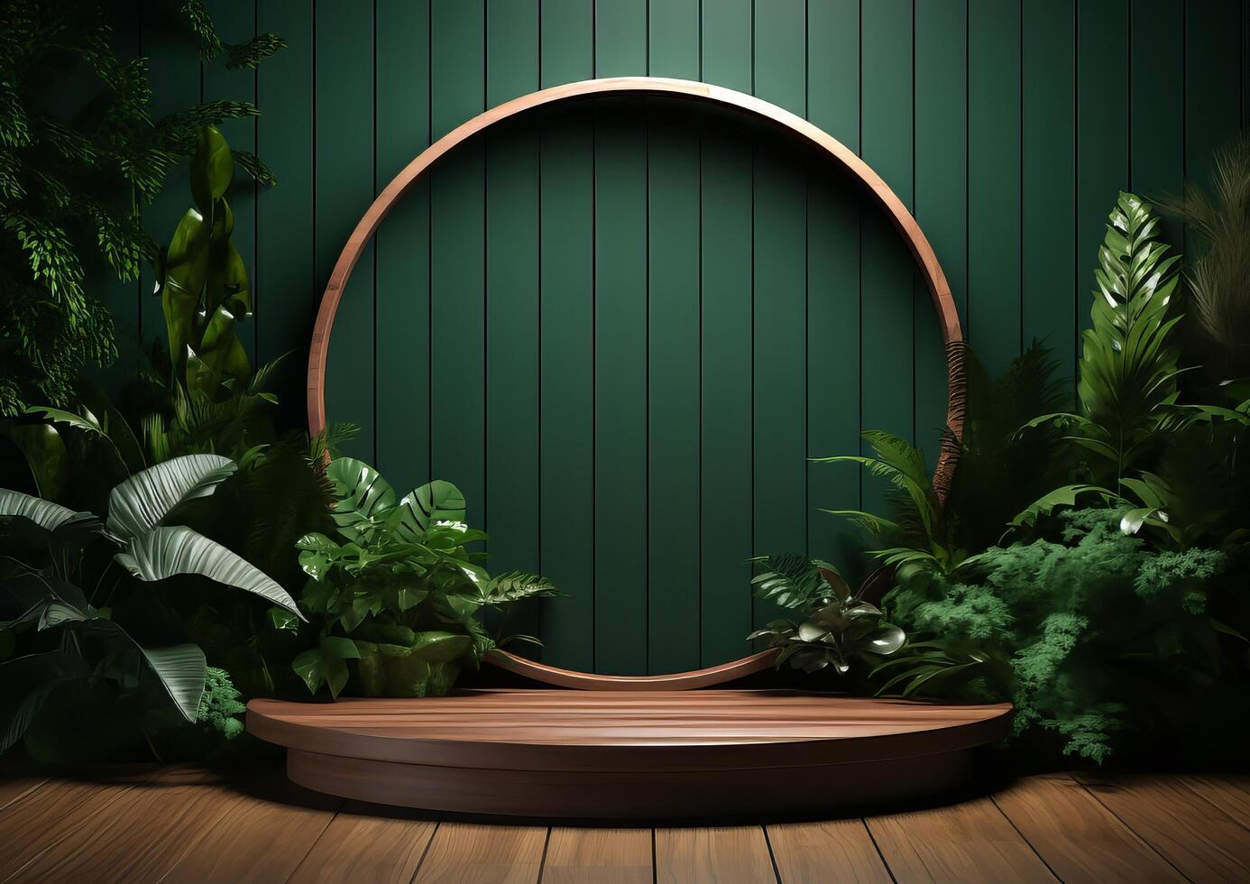AI generated Cosmetics product advertising stand. Exhibition wooden podium on green background with leaves and shadows. Empty pedestal to display product packaging  photo-realistic photo