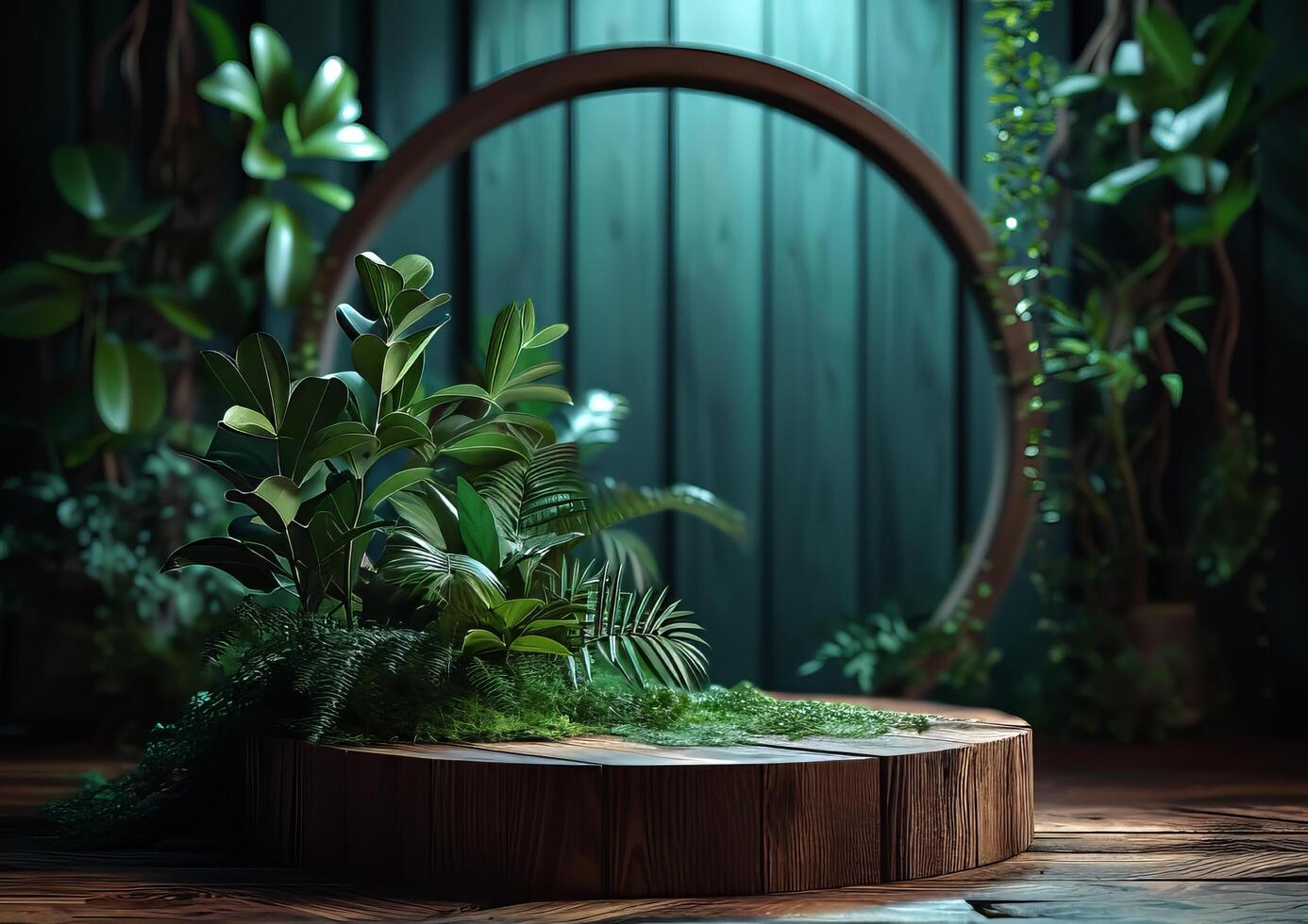 AI generated Cosmetics product advertising stand. Exhibition wooden podium on green background with leaves and shadows. Empty pedestal to display product packaging photo-realistic, realistic photo