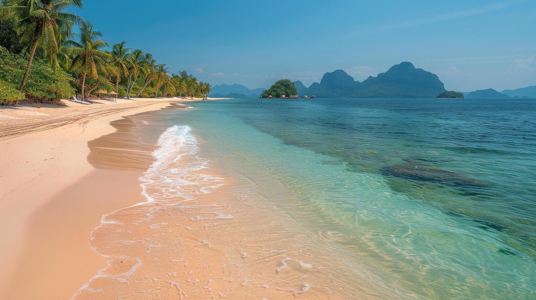 AI generated Sandy Beach With Palm Trees and Mountain photo