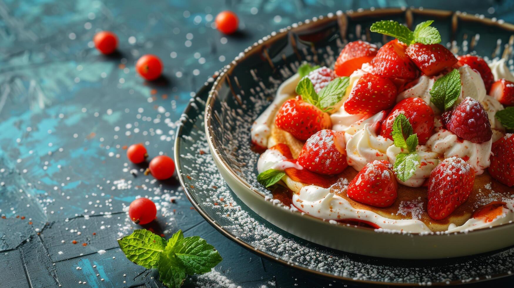 AI generated Stack of Pancakes With Whipped Cream and Strawberries photo
