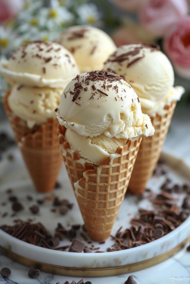 AI generated Three Ice Cream Cones With Whipped Cream and Chocolate Chips photo