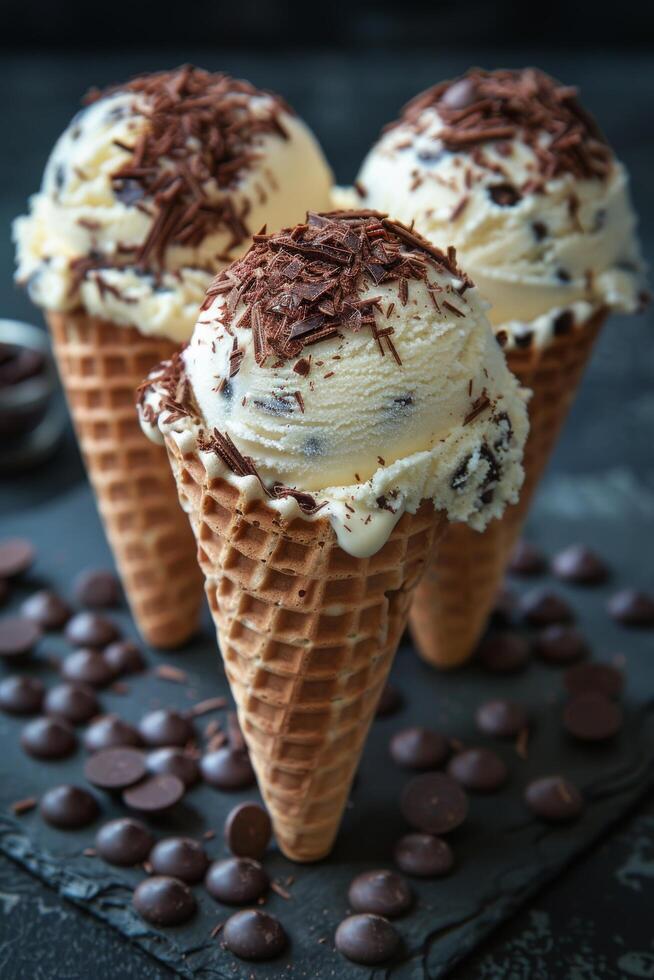 AI generated Three Ice Cream Cones With Whipped Cream and Chocolate Chips photo