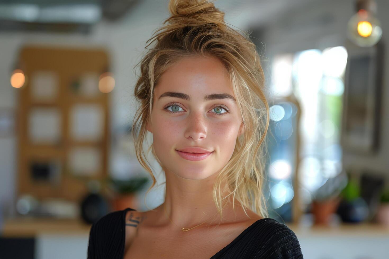 AI generated Beautiful Blond Woman With Blue Eyes Posing for Picture photo