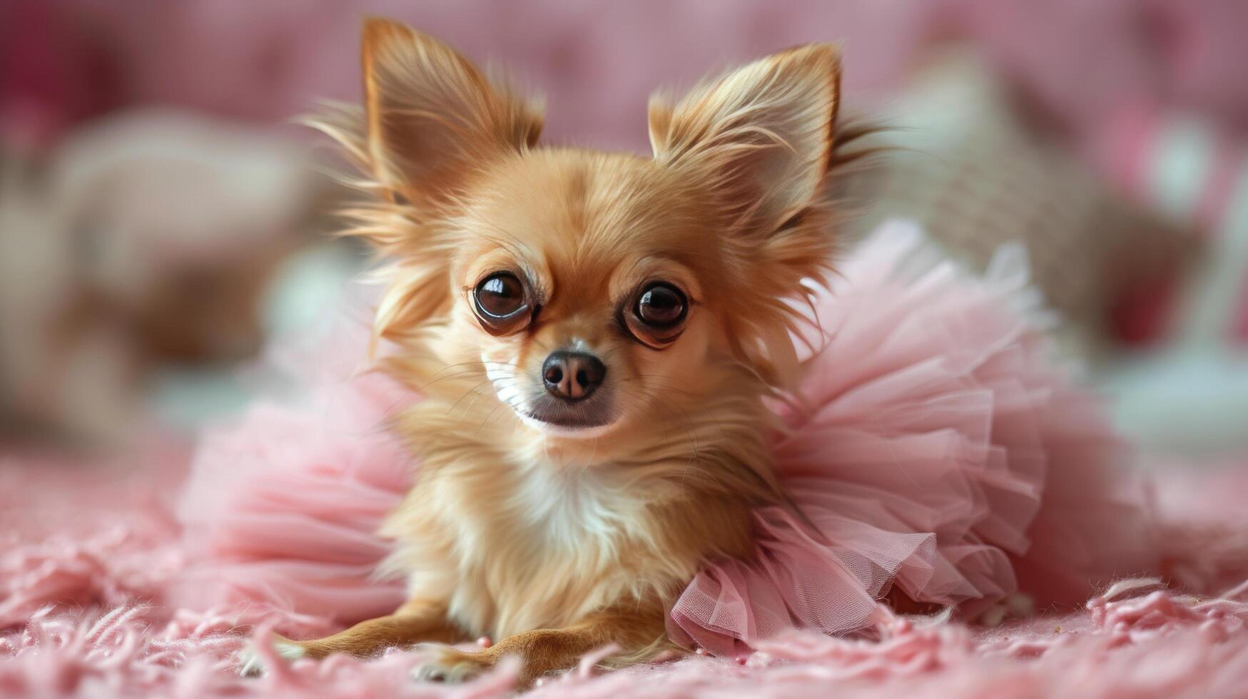 AI generated Small Dog Sitting on Floor in Pink Tutu. photo