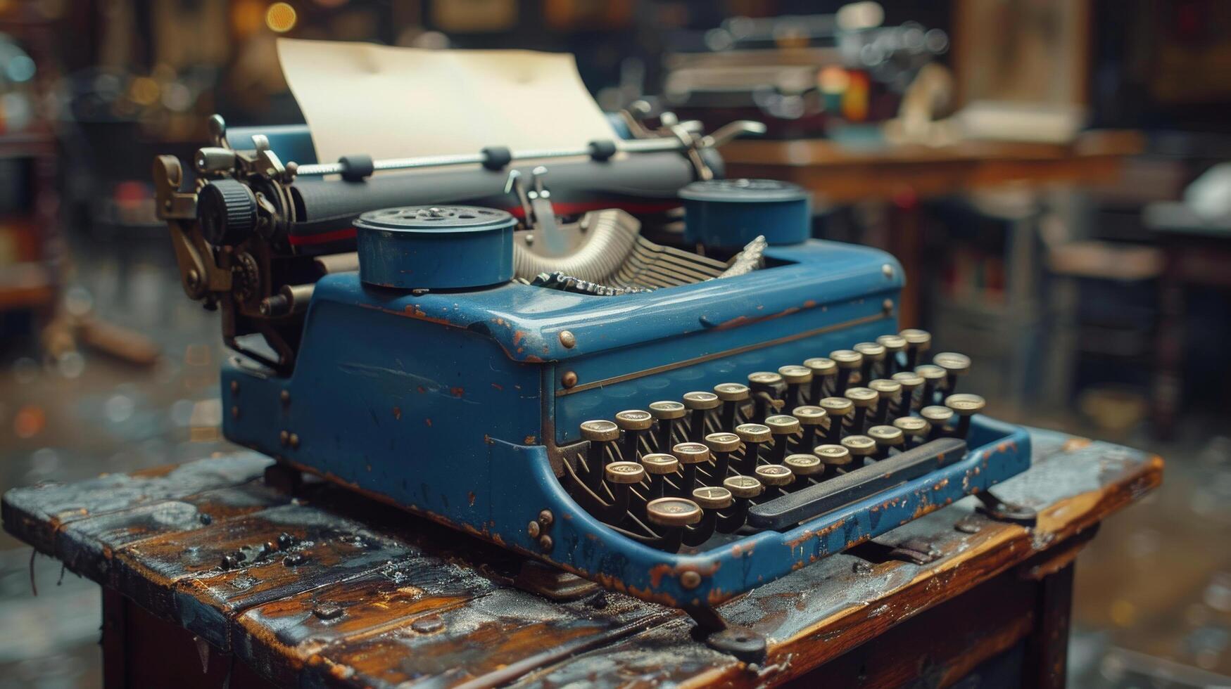 ai generado antiguo azul máquina de escribir en de madera mesa foto