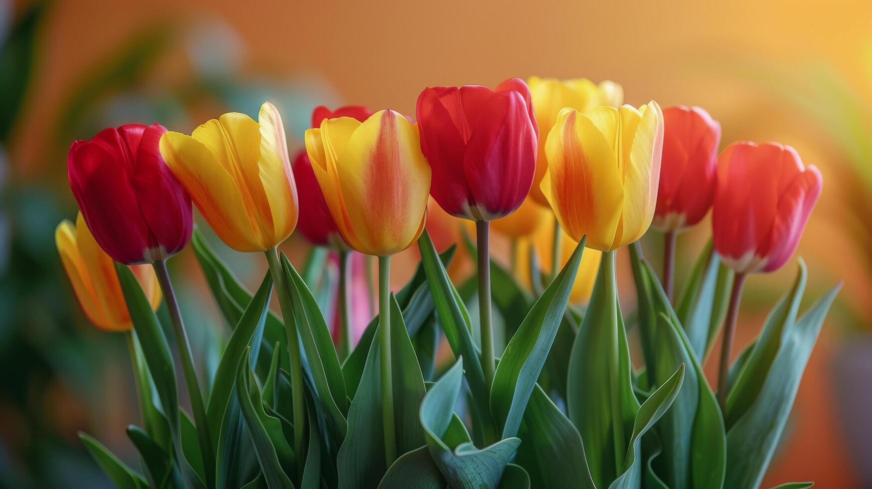 AI generated Group of Red and Yellow Tulips With Green Leaves photo