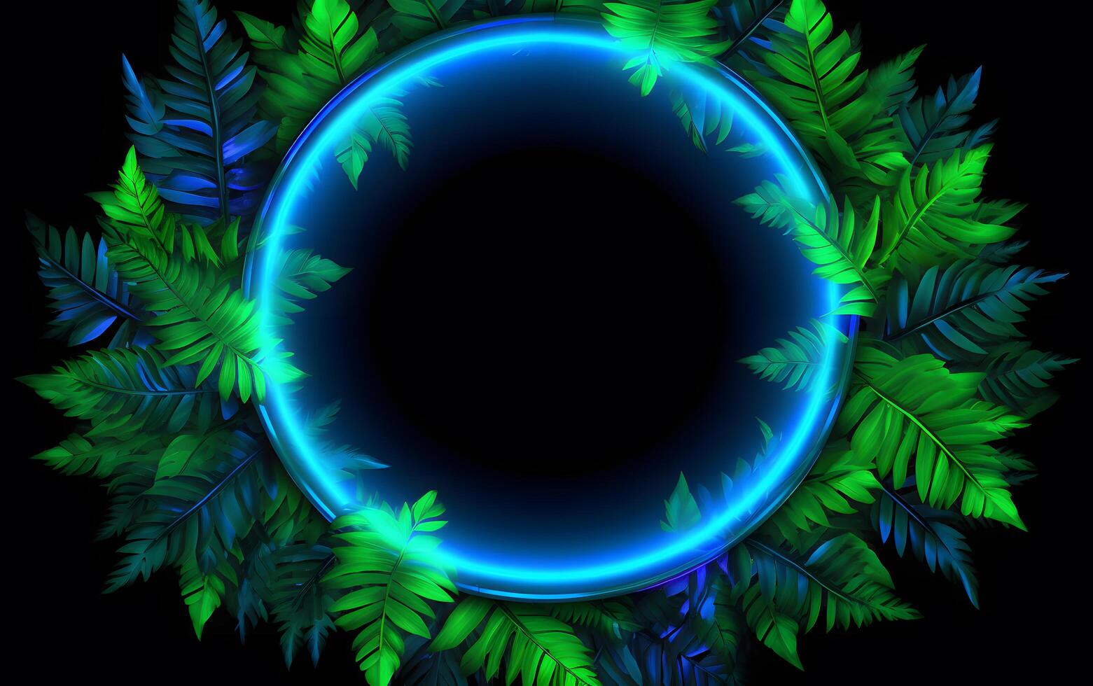 AI generated Green and Blue Neon Light with Tropical Leaves,Tropical leaf in neon colors photo