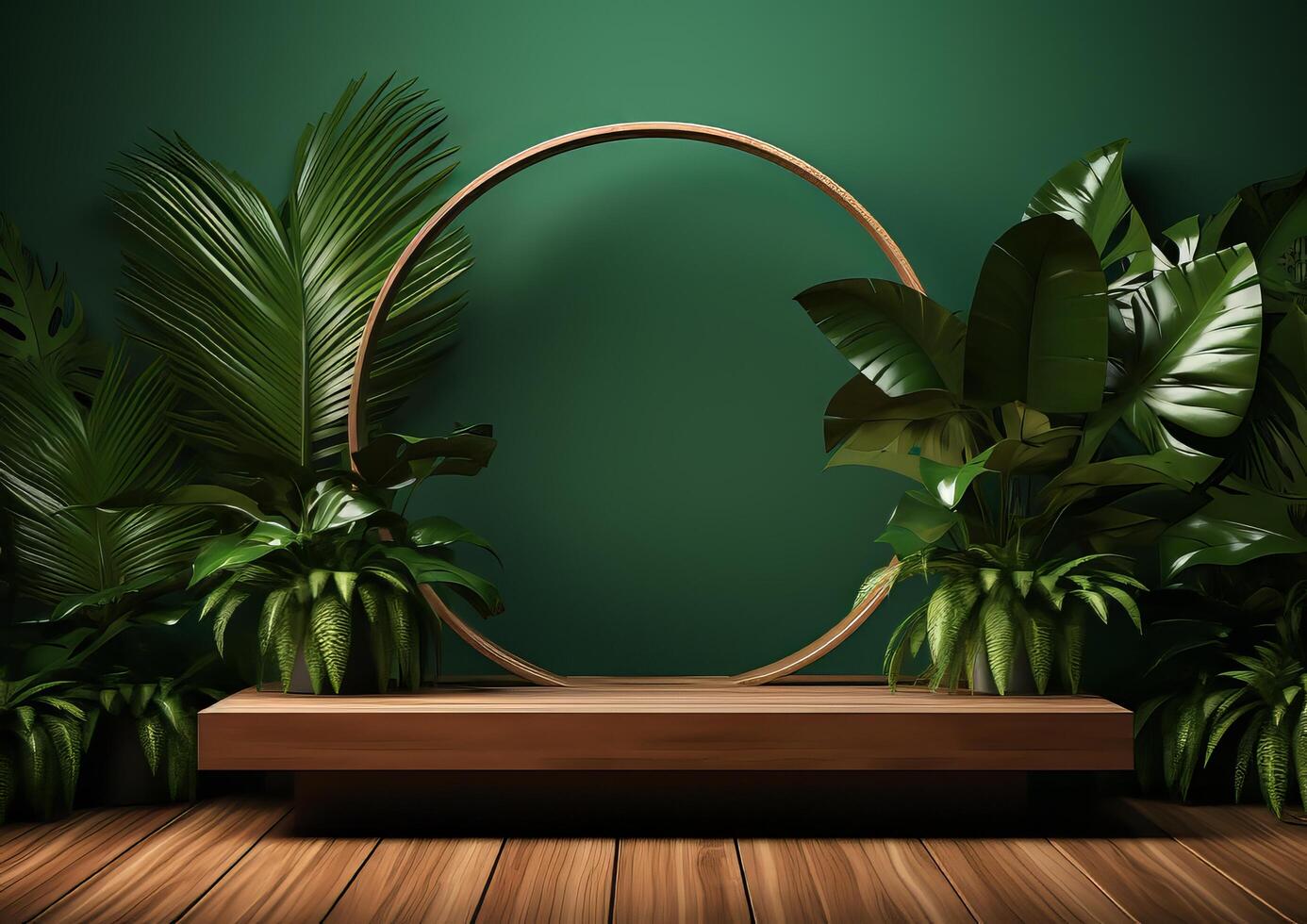 AI generated Cosmetics product advertising stand. Exhibition wooden podium on green background with leaves and shadows. Empty pedestal to display product packaging  photo-realistic photo