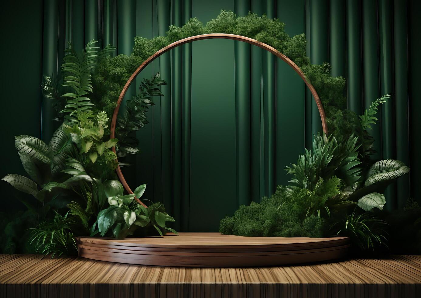 AI generated Cosmetics product advertising stand. Exhibition wooden podium on green background with leaves and shadows. Empty pedestal to display product packaging photo-realistic, realistic photo