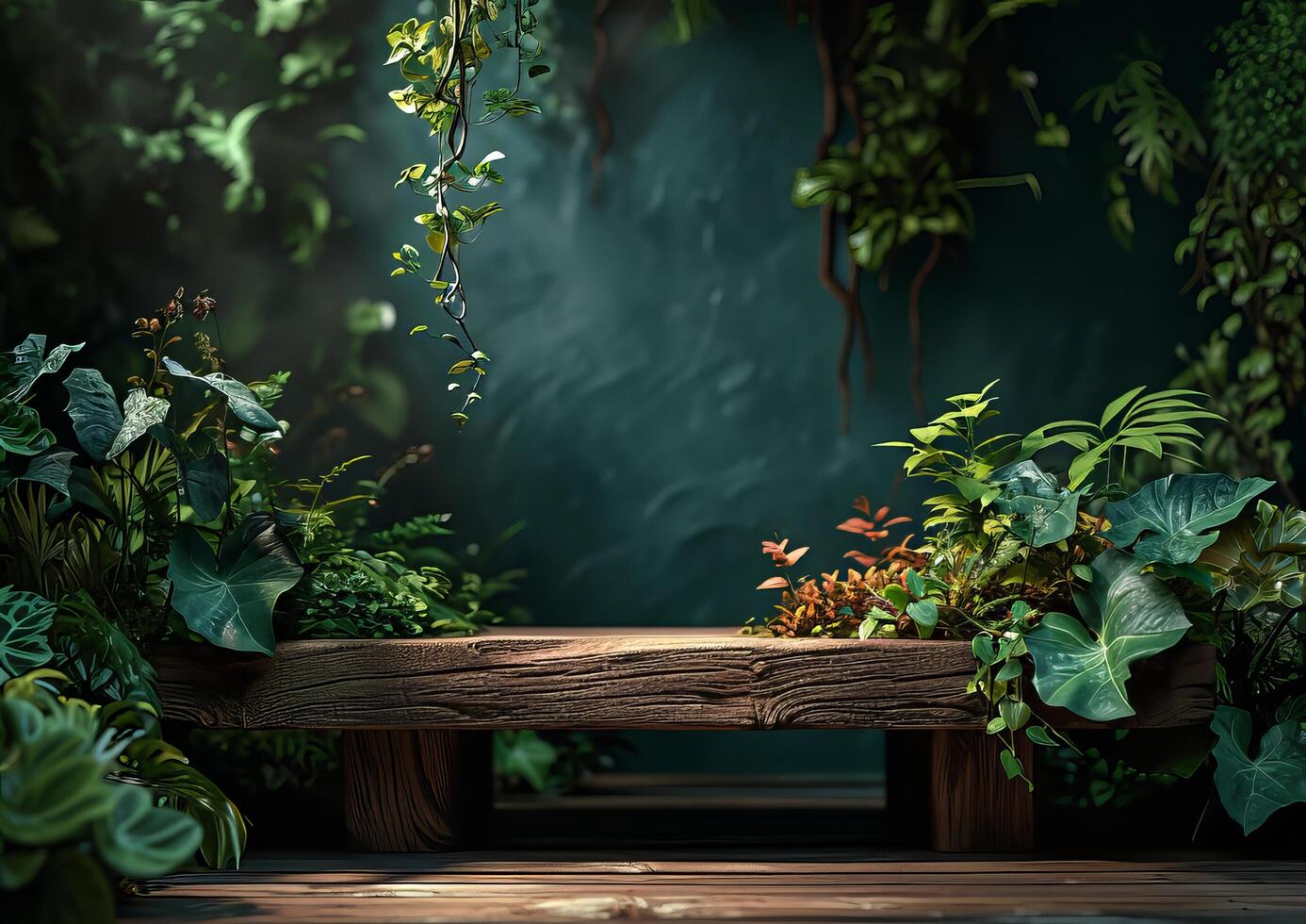 AI generated product advertising stand Exhibition wooden podium on green background with leaves and shadows Empty pedestal to display product packaging photo-realistic, realistic photo