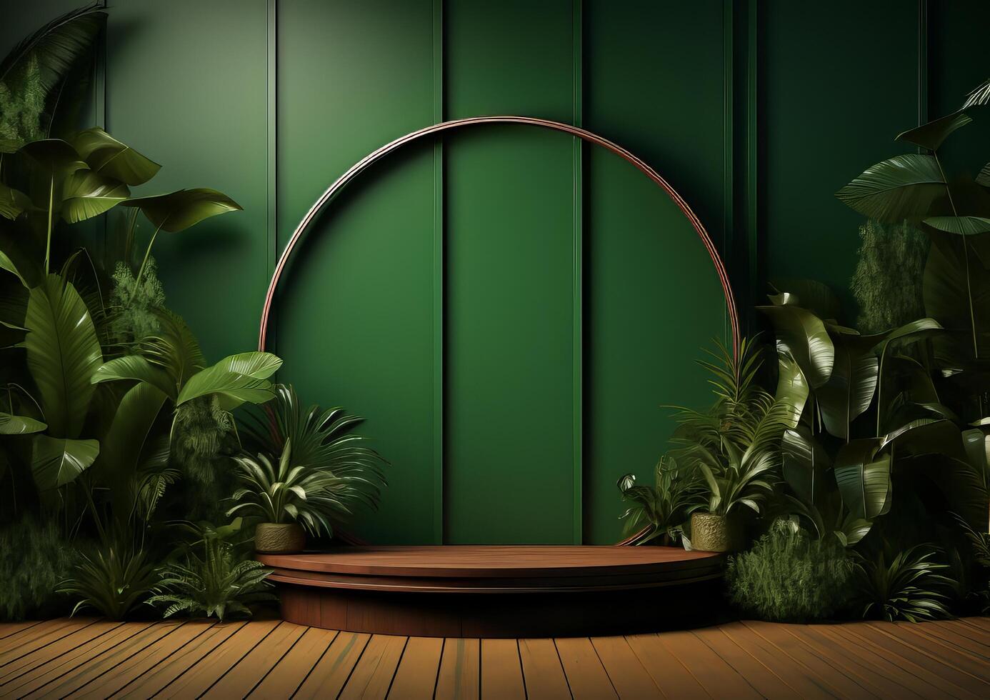 AI generated Cosmetics product advertising stand. Exhibition wooden podium on green background with leaves and shadows. Empty pedestal to display product packaging photo-realistic, realistic photo